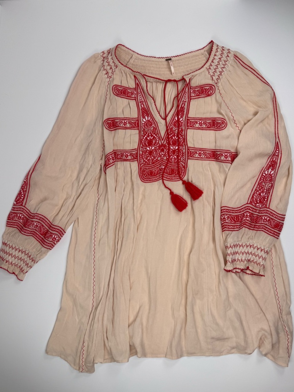 Free People Cream Peasant Dress with Red Embroidery